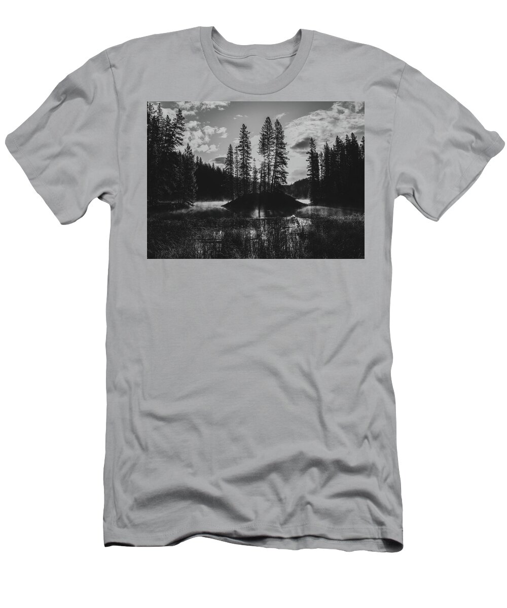 Moose Lake Sunrise Black And White T-Shirt featuring the photograph Moose Lake Sunrise Black And White by Dan Sproul