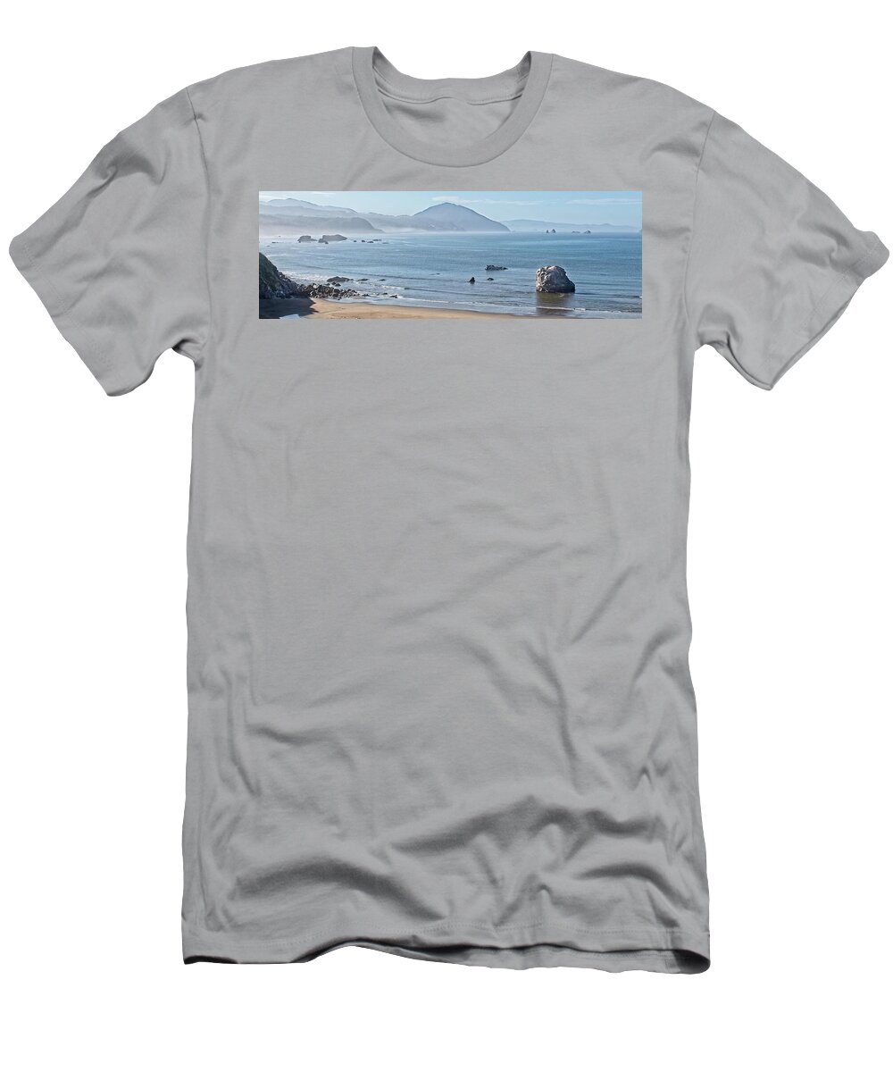 Bay T-Shirt featuring the photograph Morning Fog Burning Off on Port Orford Beach by Loren Gilbert