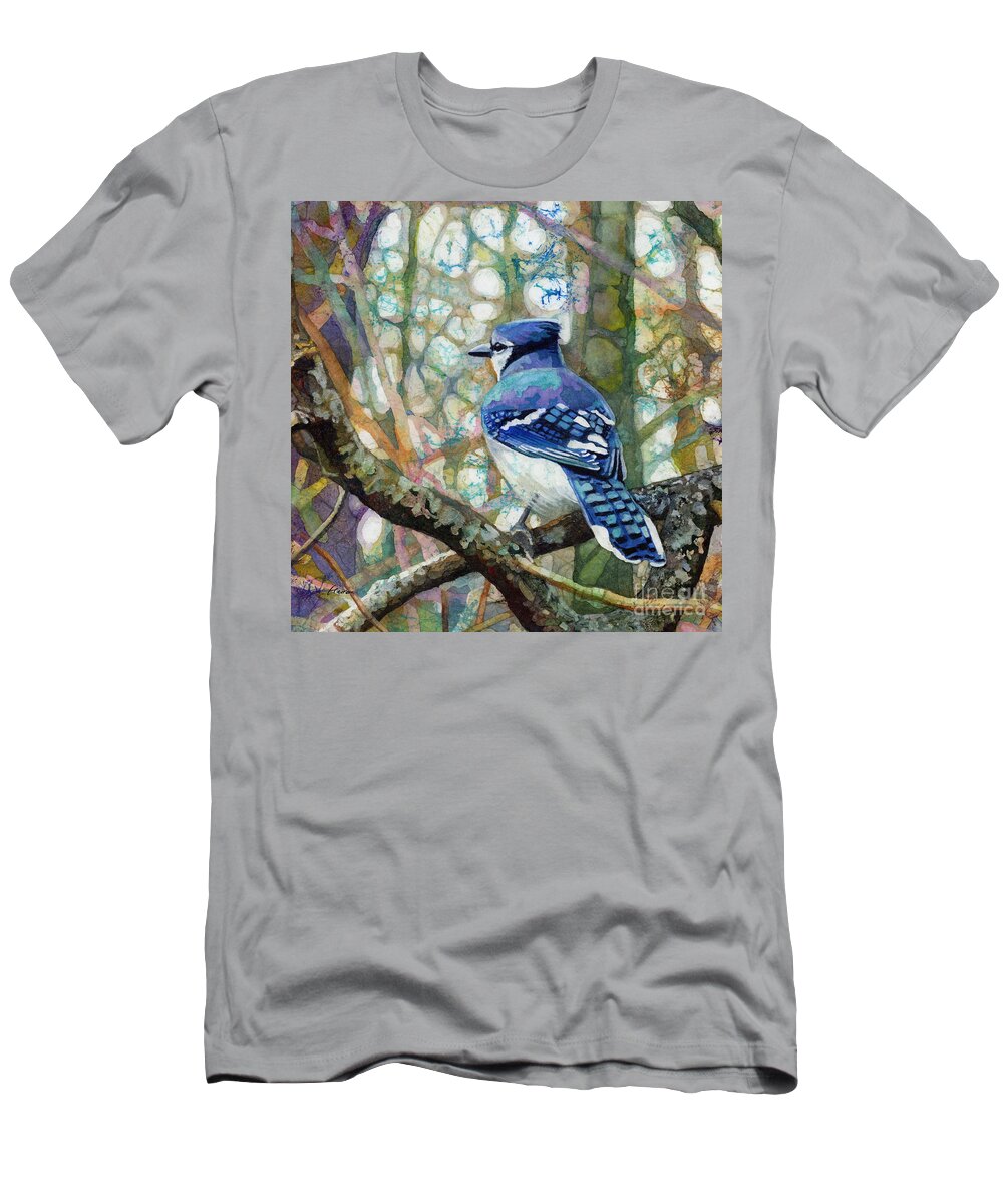 Blue Jay T-Shirt featuring the painting Morning Forest - Blue Jay by Hailey E Herrera
