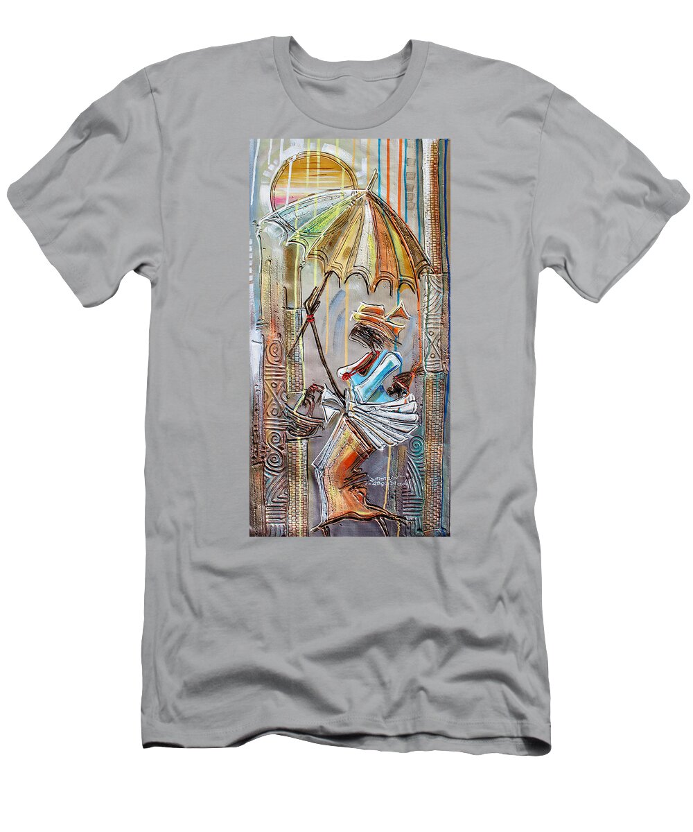 Africa T-Shirt featuring the painting Mother and Child under an Umbrella by Paul Gbolade Omidiran