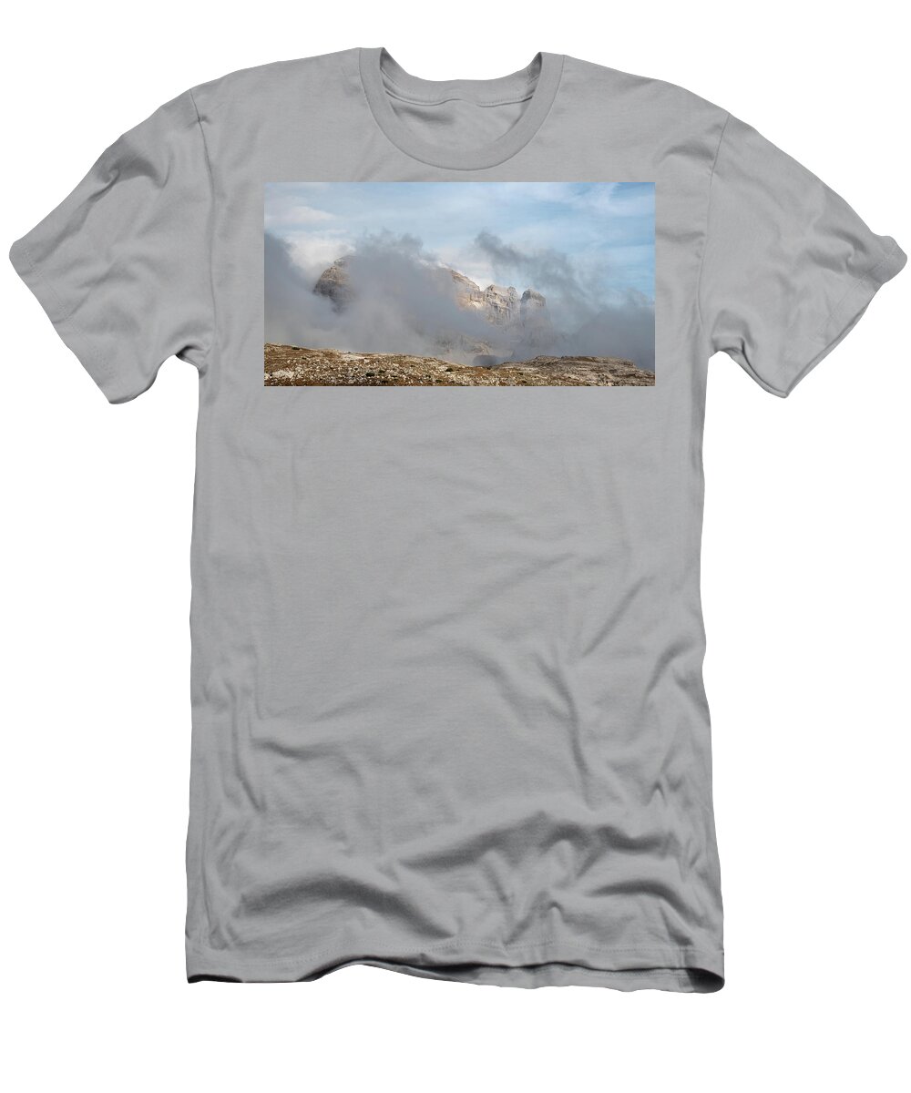 Italian Alps T-Shirt featuring the photograph Mountain landscape with fog in autumn. Tre Cime dolomiti Italy. by Michalakis Ppalis