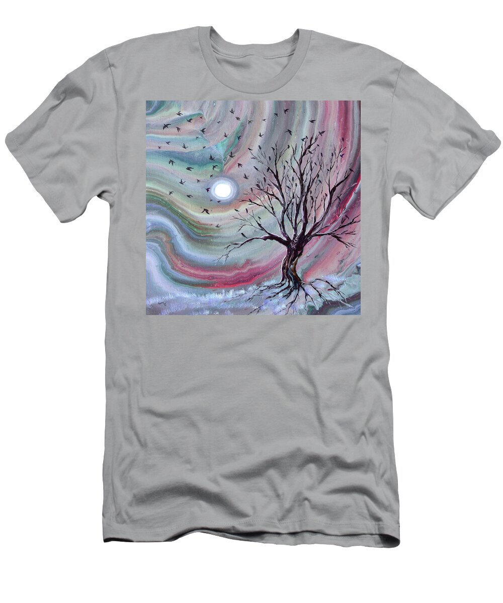 Starlings T-Shirt featuring the painting Murmuration from a Bare Tree by Laura Iverson