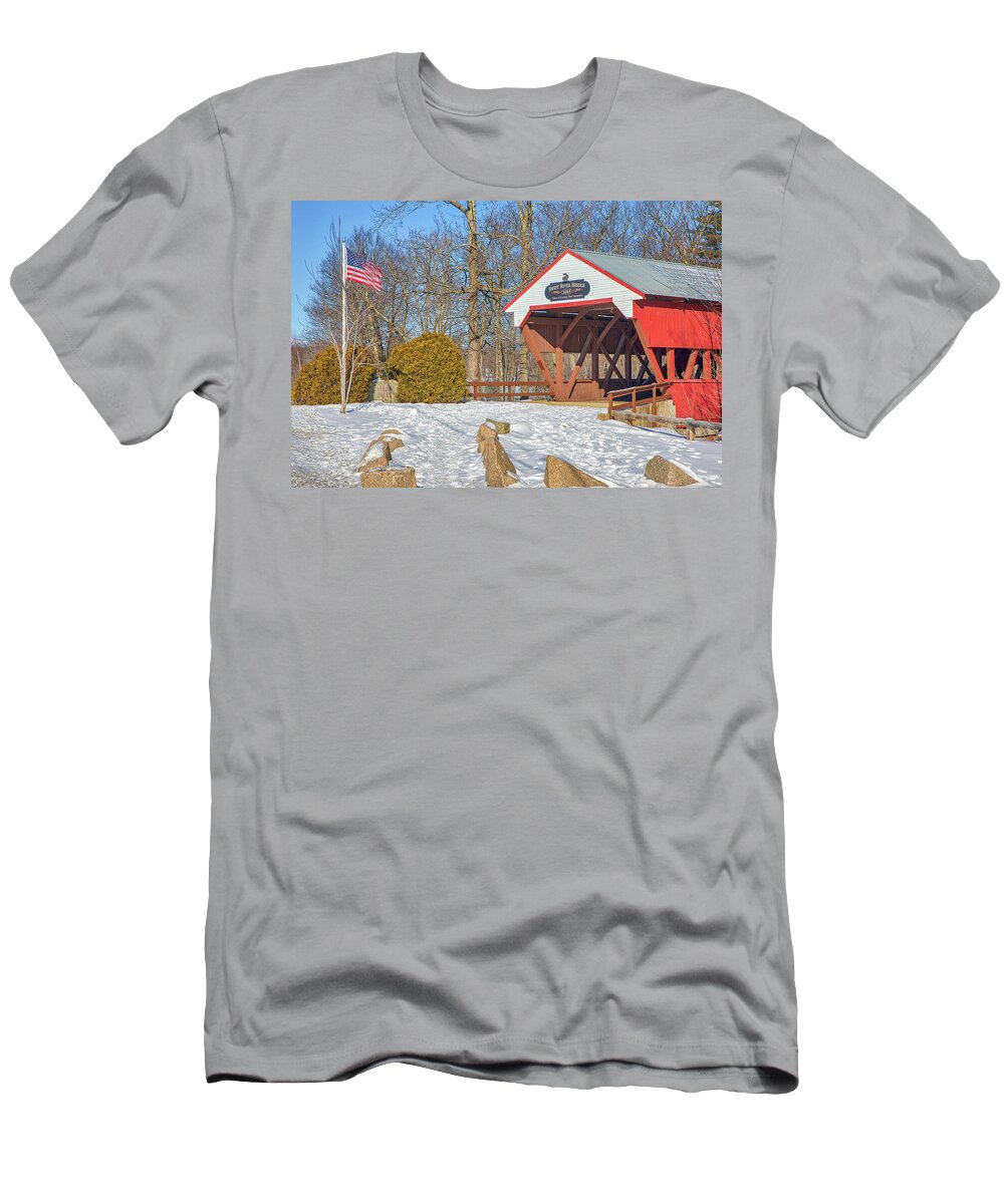 Bartlett Covered Bridge T-Shirt featuring the photograph New Hampshire Winter at the Bartlett Covered Bridge by Juergen Roth