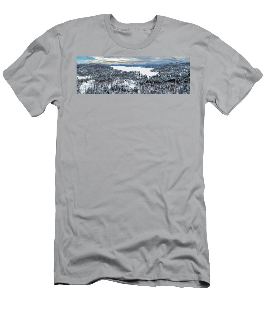 Snow T-Shirt featuring the photograph Newark Pond Vermont Panorama - December 2021 by John Rowe