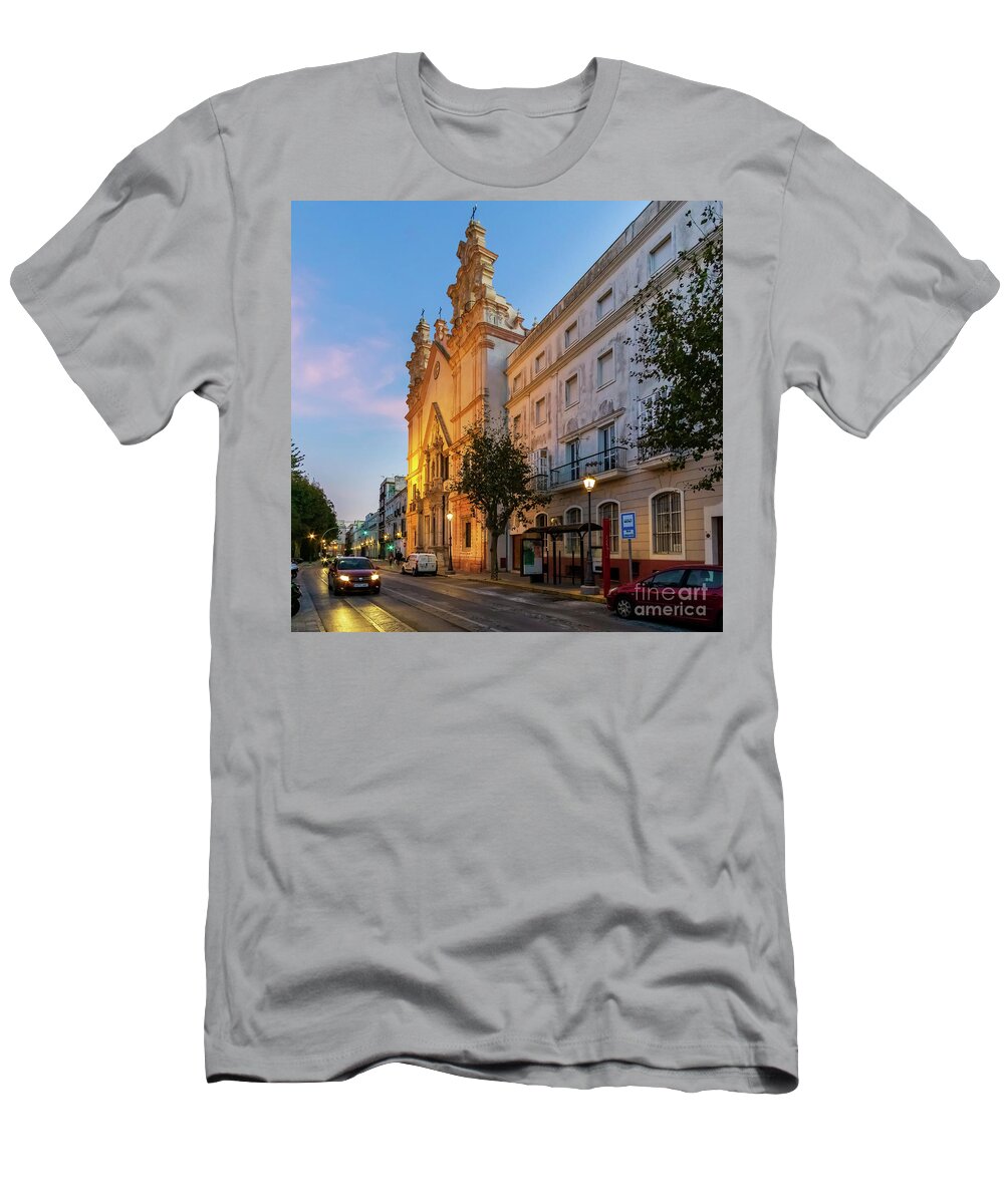 Catholicism T-Shirt featuring the photograph Night View of del Carmen Church in Alameda Apodaca Cadiz Andalusia by Pablo Avanzini