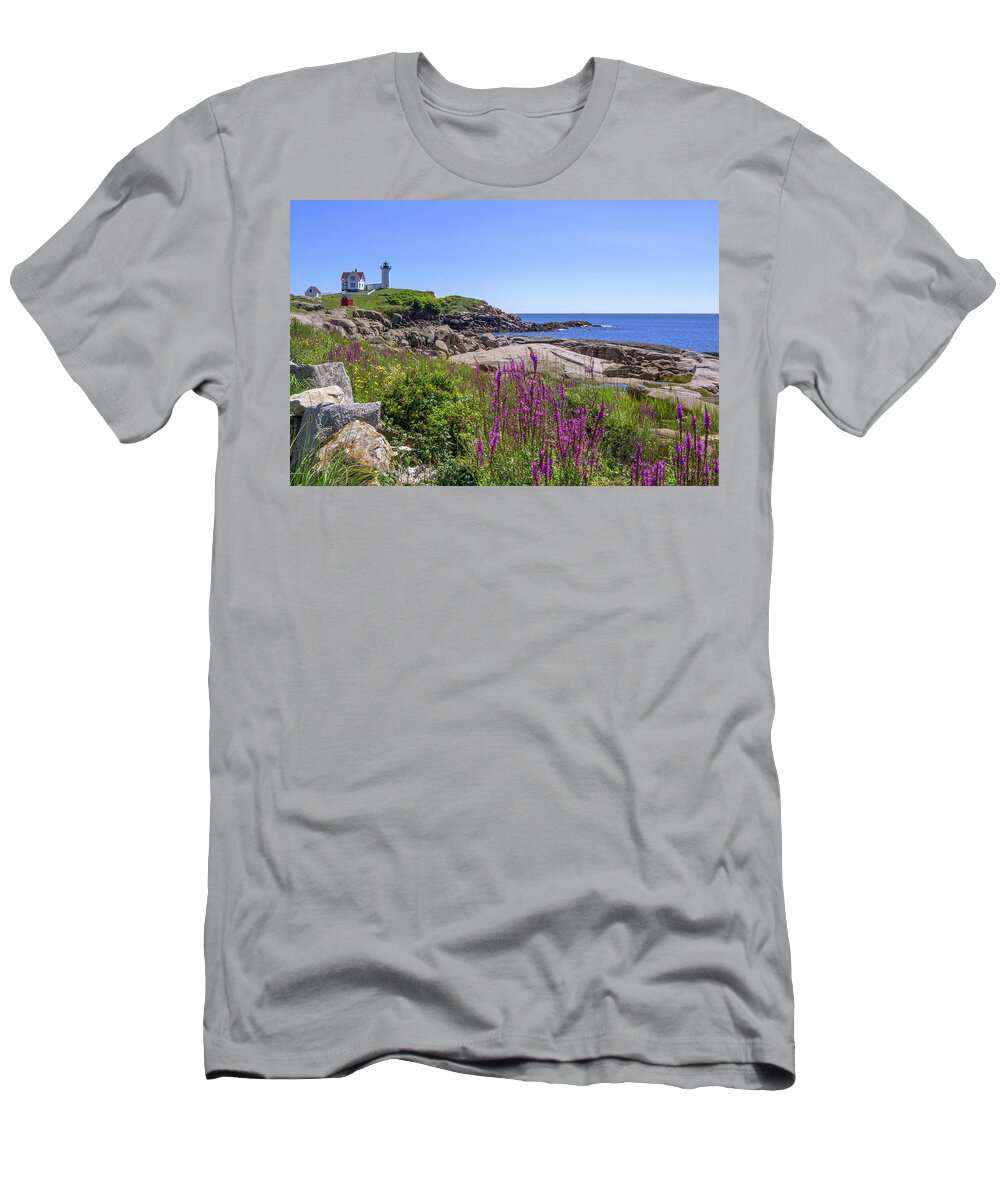 Maine T-Shirt featuring the photograph Nubble Light Flowers by Chris Whiton