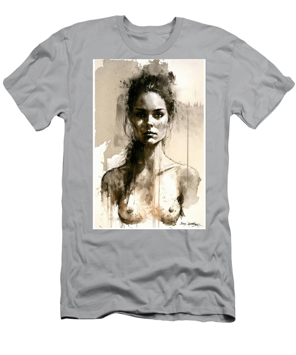 Nude T-Shirt featuring the painting Nude Innocence by My Head Cinema