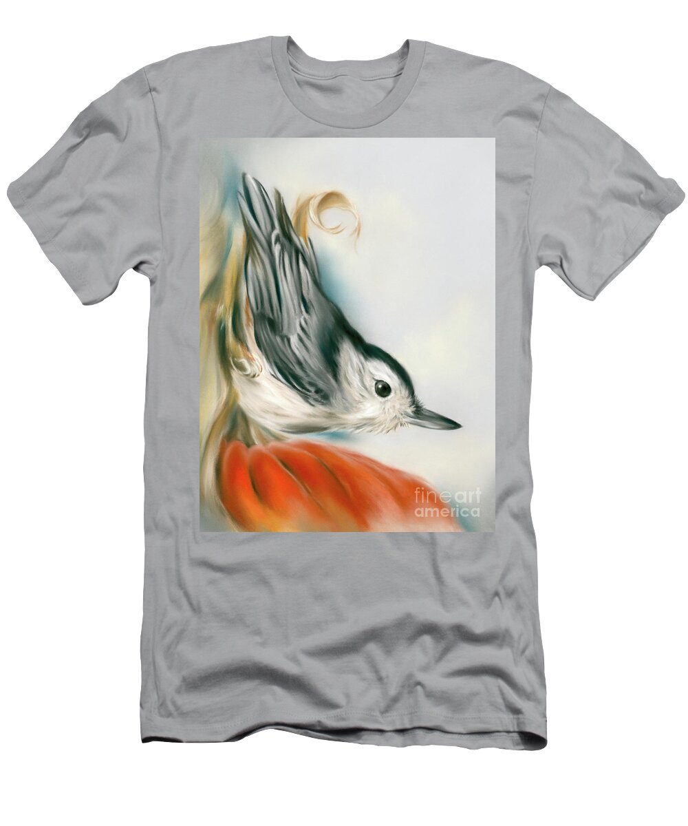 Bird T-Shirt featuring the painting Nuthatch Bird with Autumn Pumpkin by MM Anderson