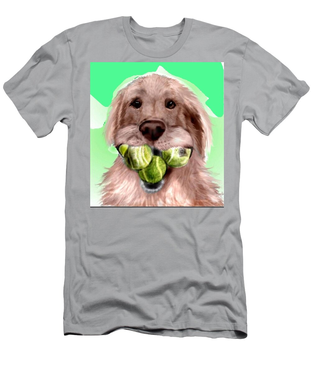 Golden Retriever Tennis Balls Fetching Fetch Funny Caricature Pencil Sketch Mixed Media T-Shirt featuring the mixed media Nuts for Tennis by Pamela Calhoun