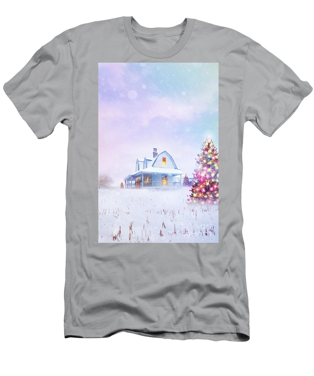  T-Shirt featuring the photograph Old farmhouse in a winter fields by Sandra Cunningham