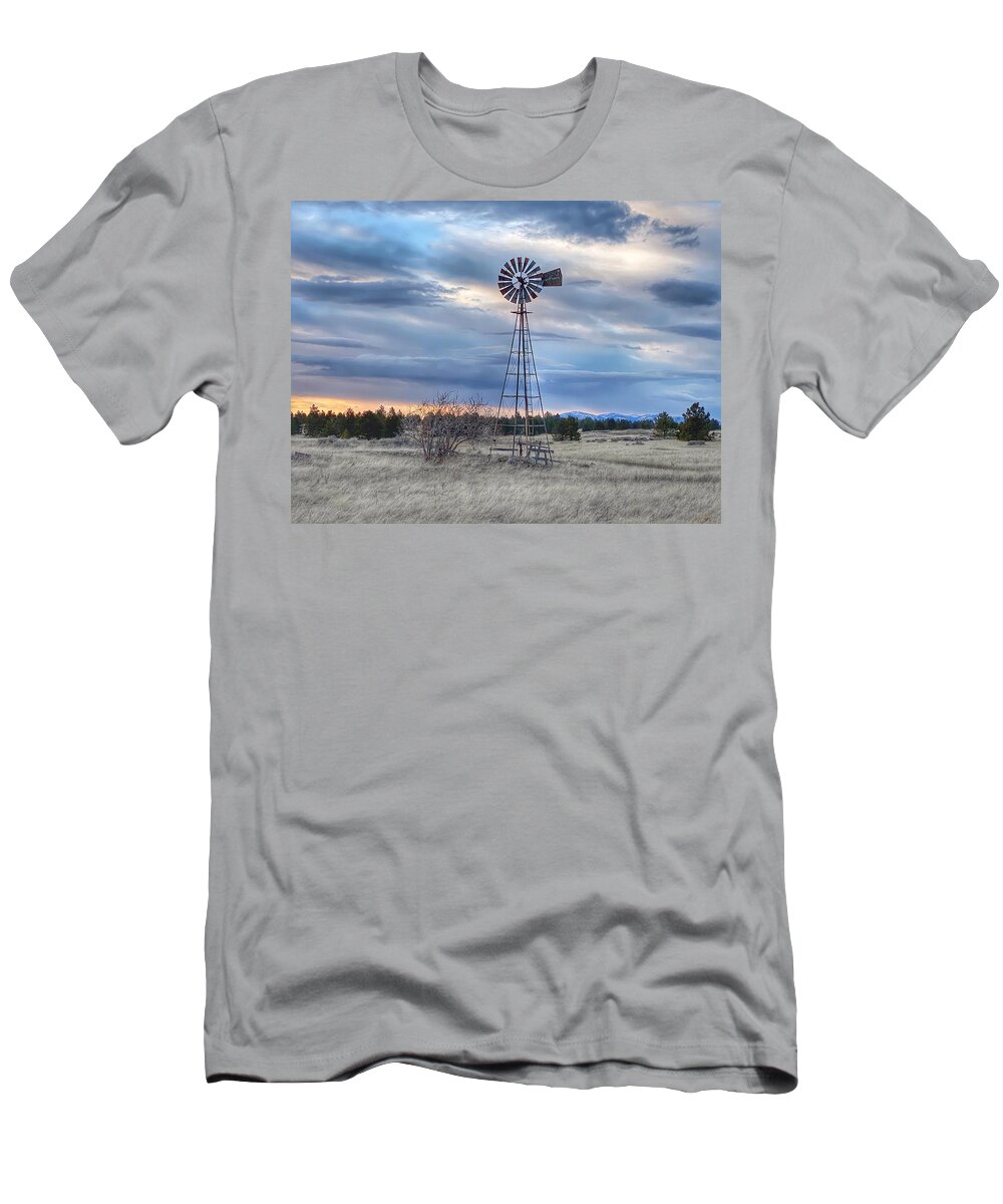 Winter T-Shirt featuring the photograph Old Windmill at Sunset by Jerry Abbott