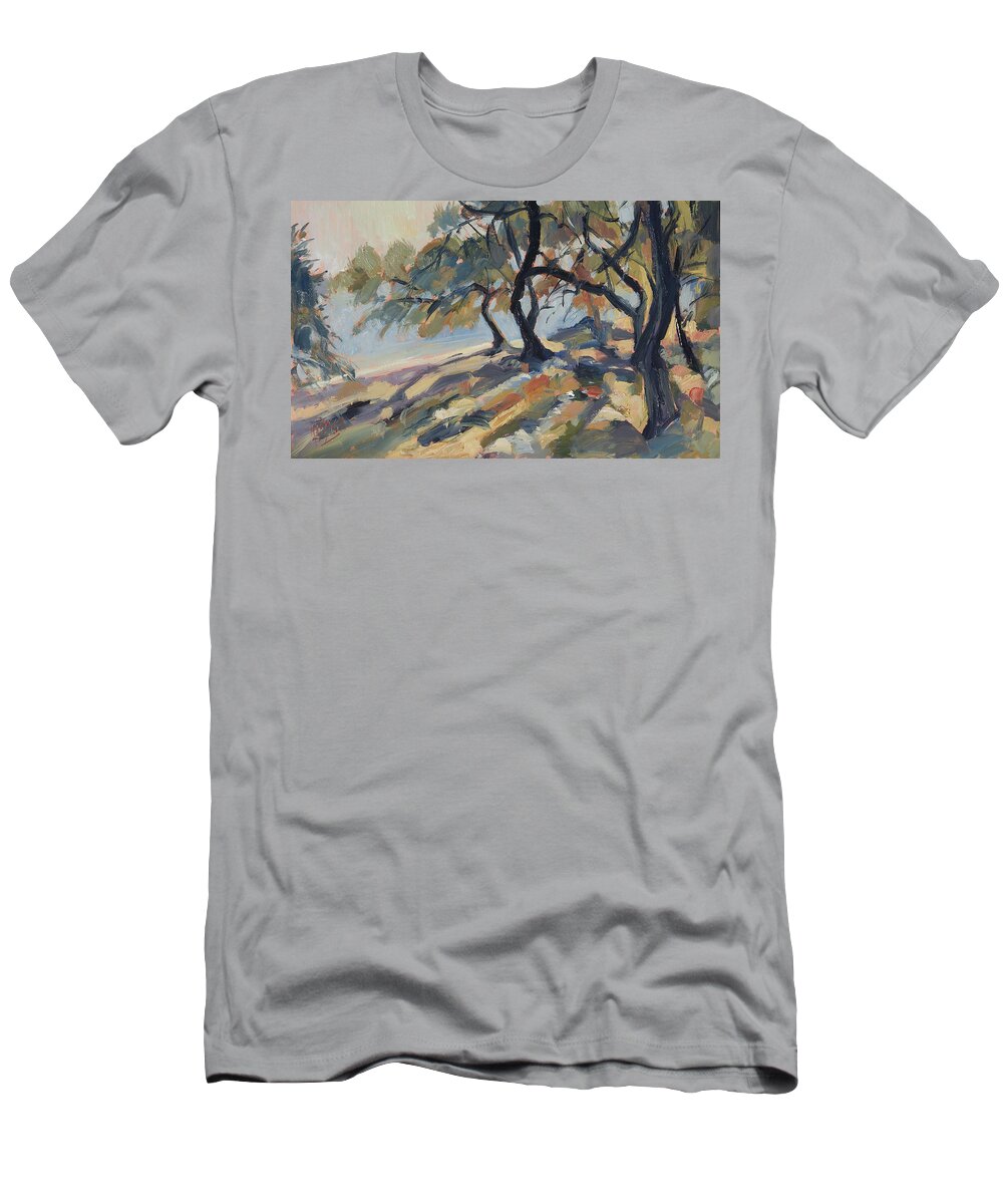 Paxos T-Shirt featuring the painting Olive trees at Marmari beach on Paxos by Nop Briex