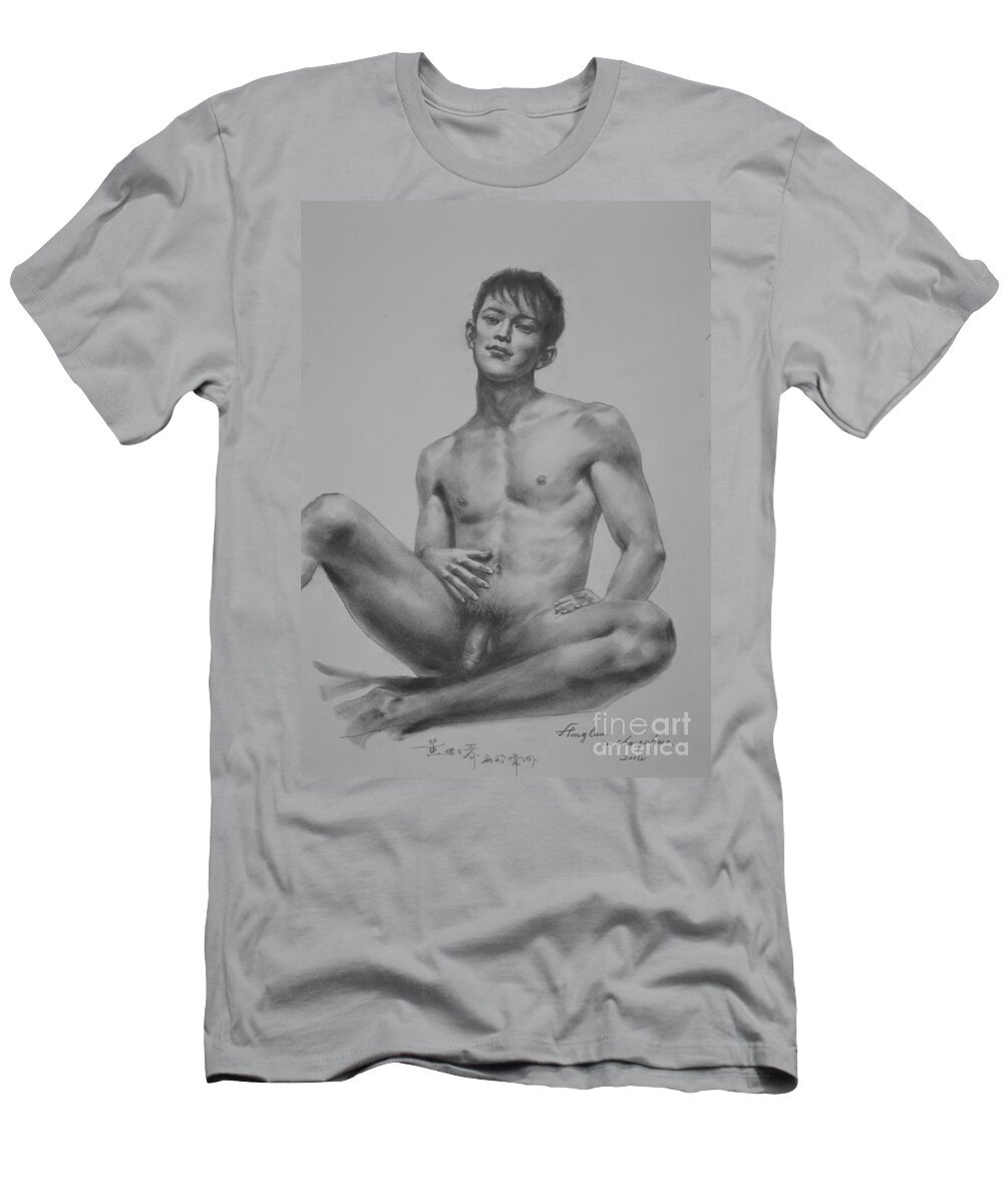 Original Art T-Shirt featuring the painting Original Drawing Sketch Charcoal Chalk Male Nude Gay Man Art Pencil On Paper By Hongtao Asian Boy by Hongtao Huang