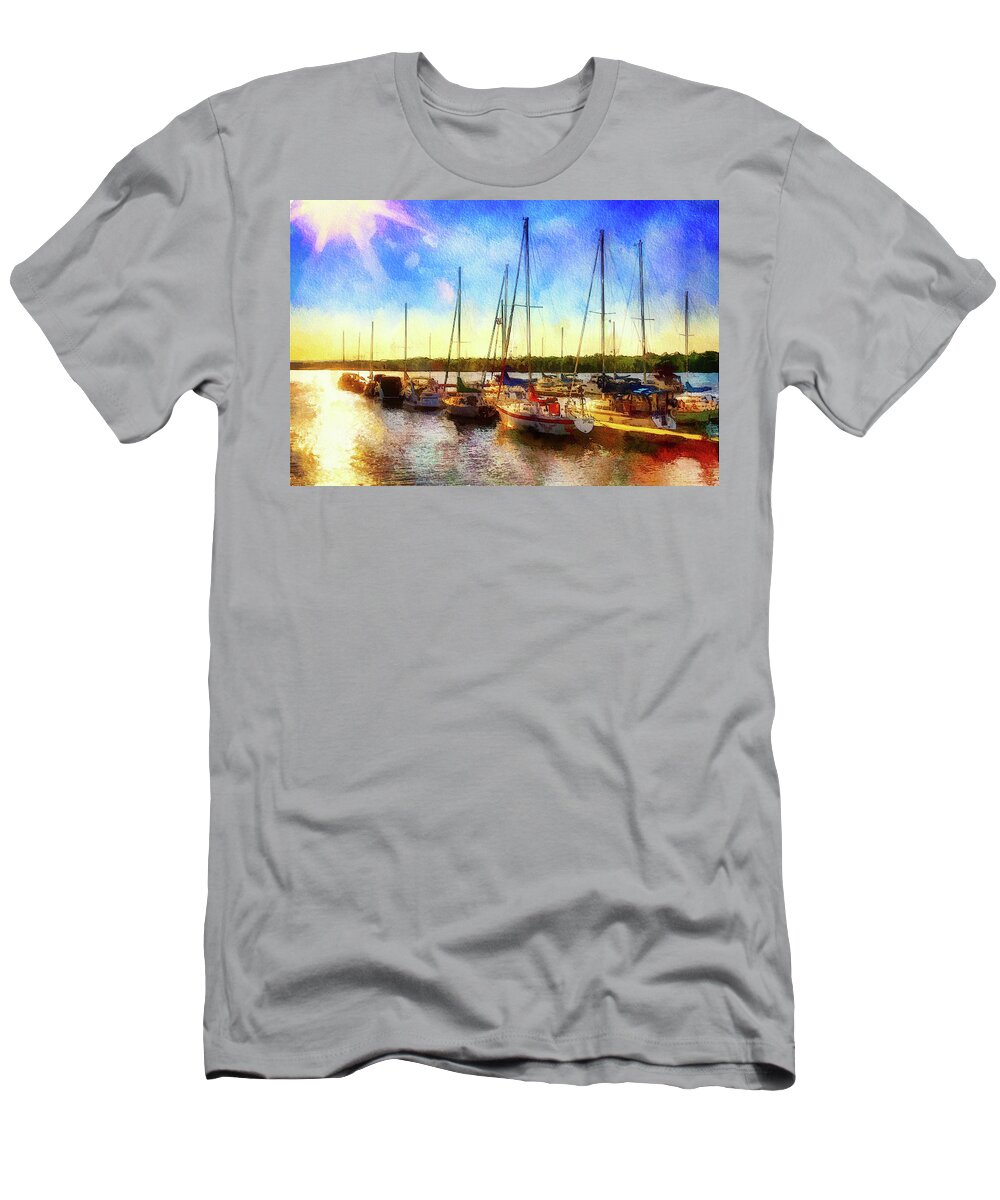 Ottawa River T-Shirt featuring the mixed media Ottawa River marina at golden light by Tatiana Travelways