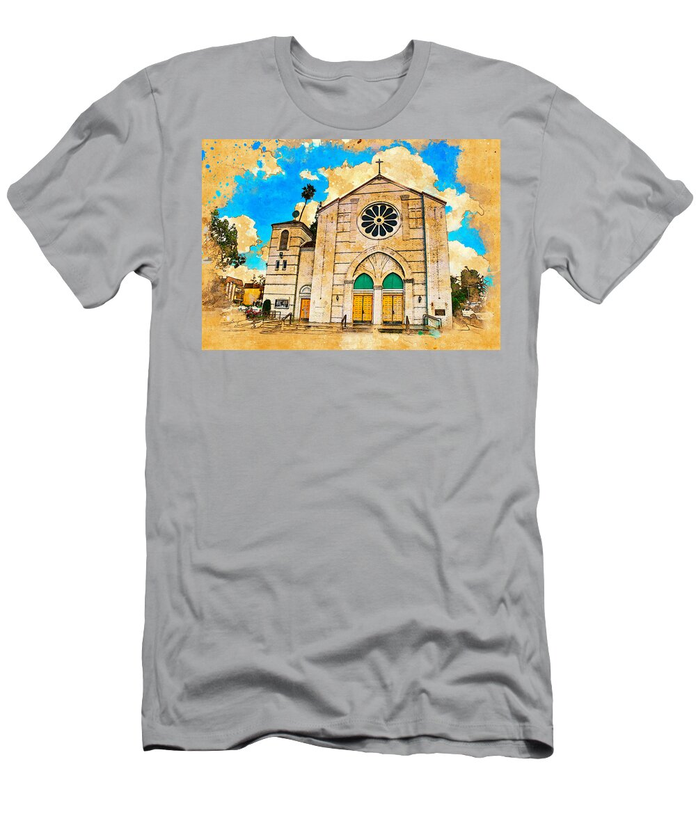 Our Lady Of Perpetual Help T-Shirt featuring the digital art Our Lady of Perpetual Help catholic church in Downey, California by Nicko Prints
