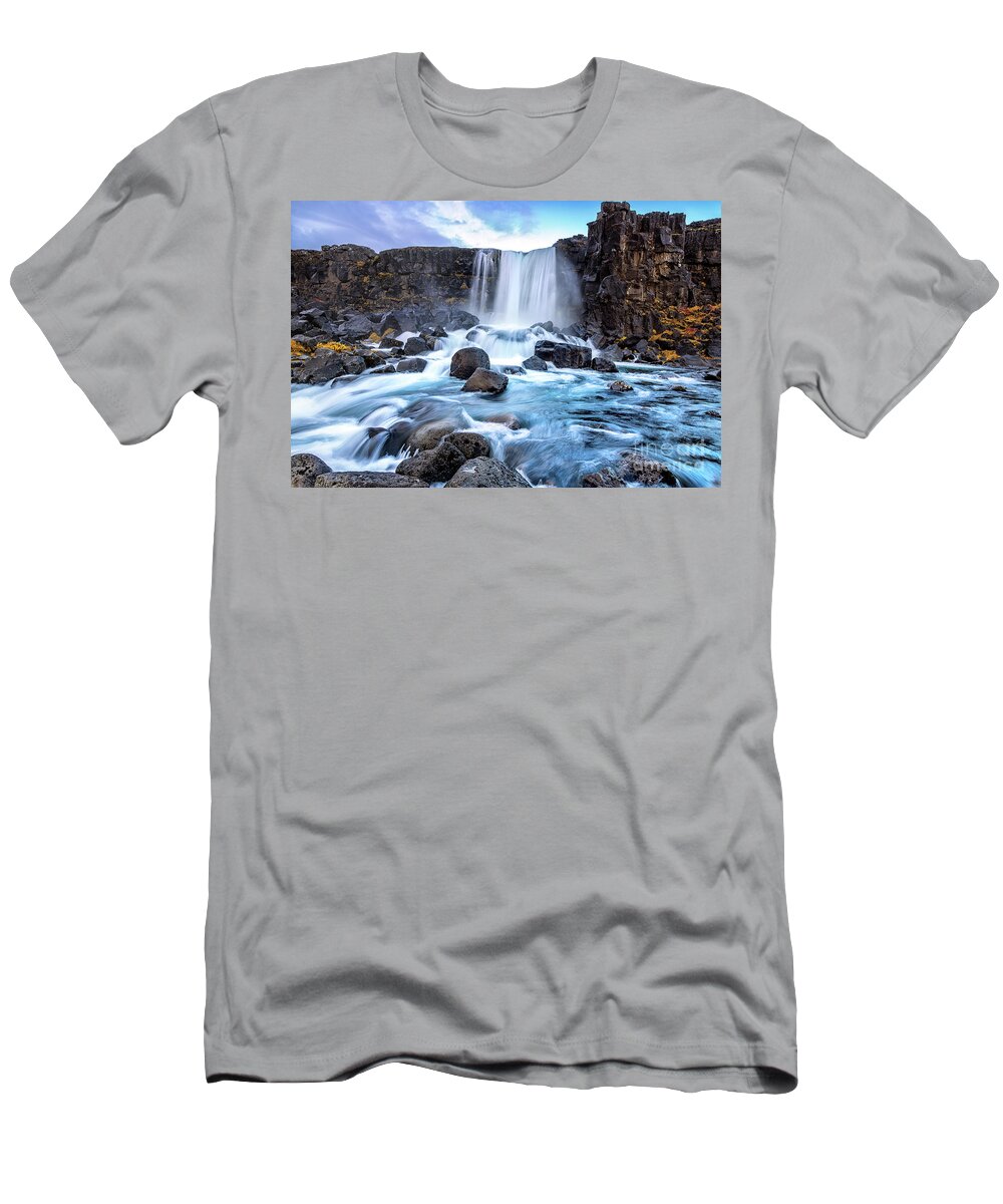 Ax River T-Shirt featuring the photograph Oxarafoss, or the waterfall in the Ax River, in the Thingvellir by Jane Rix