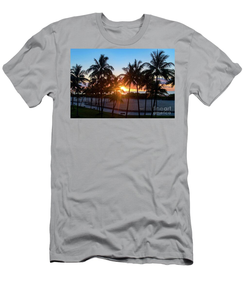 Palm T-Shirt featuring the photograph Palm Tree Sunset on Ocean Drive South Beach Miami by Beachtown Views