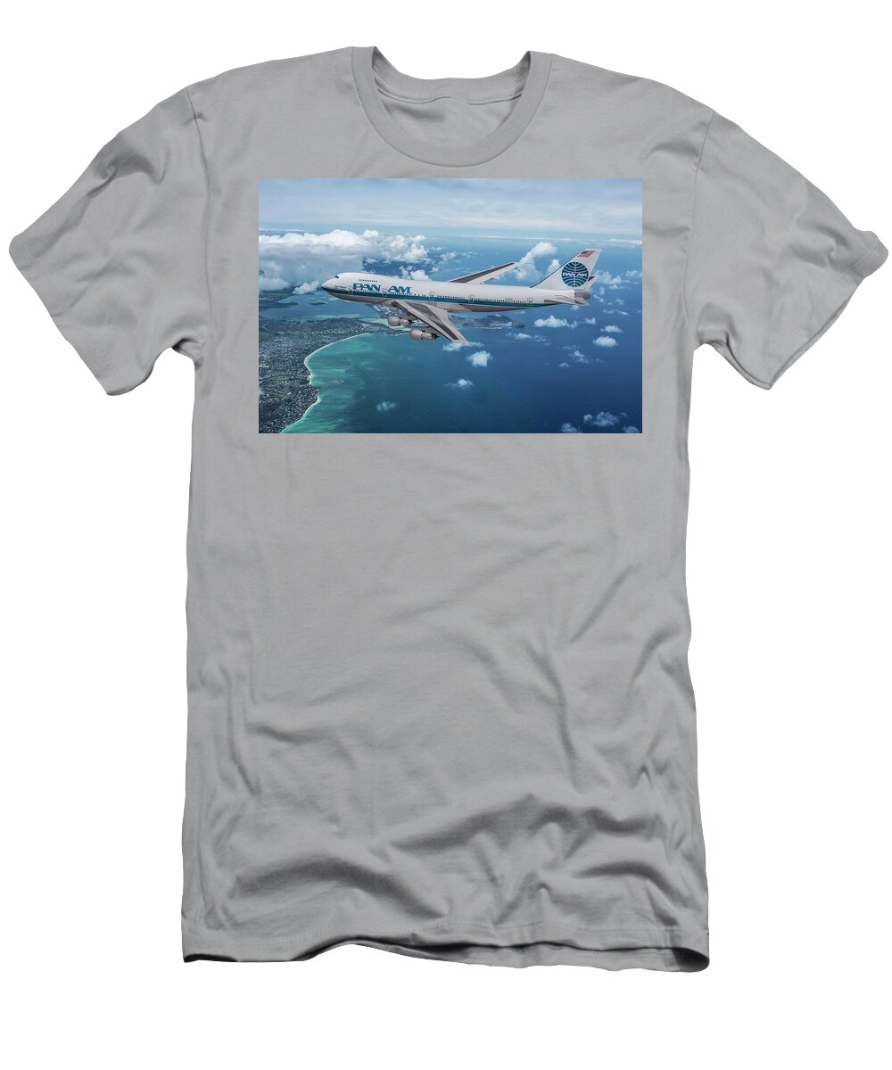 Boeing 747 T-Shirt featuring the mixed media Pan American Flying to Hawaii by Erik Simonsen