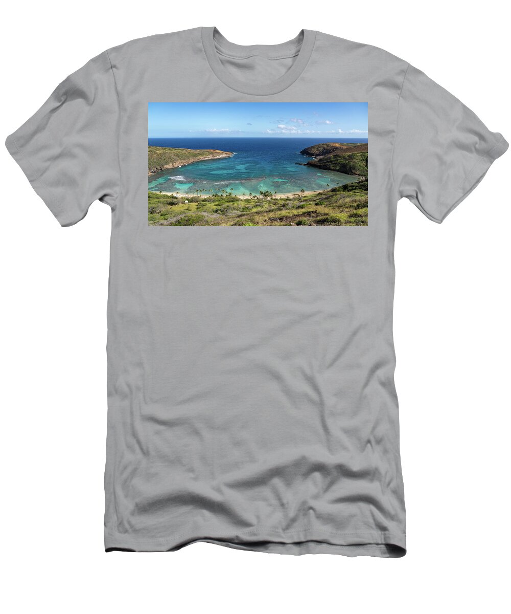 Aerial T-Shirt featuring the photograph Panoramic view of Hanauma Bay on Oahu in Hawaii by Steven Heap