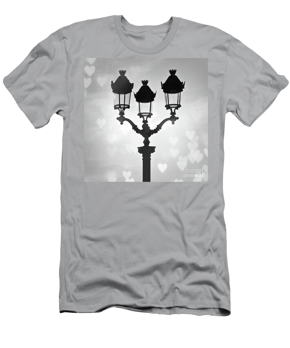 Paris T-Shirt featuring the photograph Paris is magic, street lamp and hearts by Delphimages Paris Photography