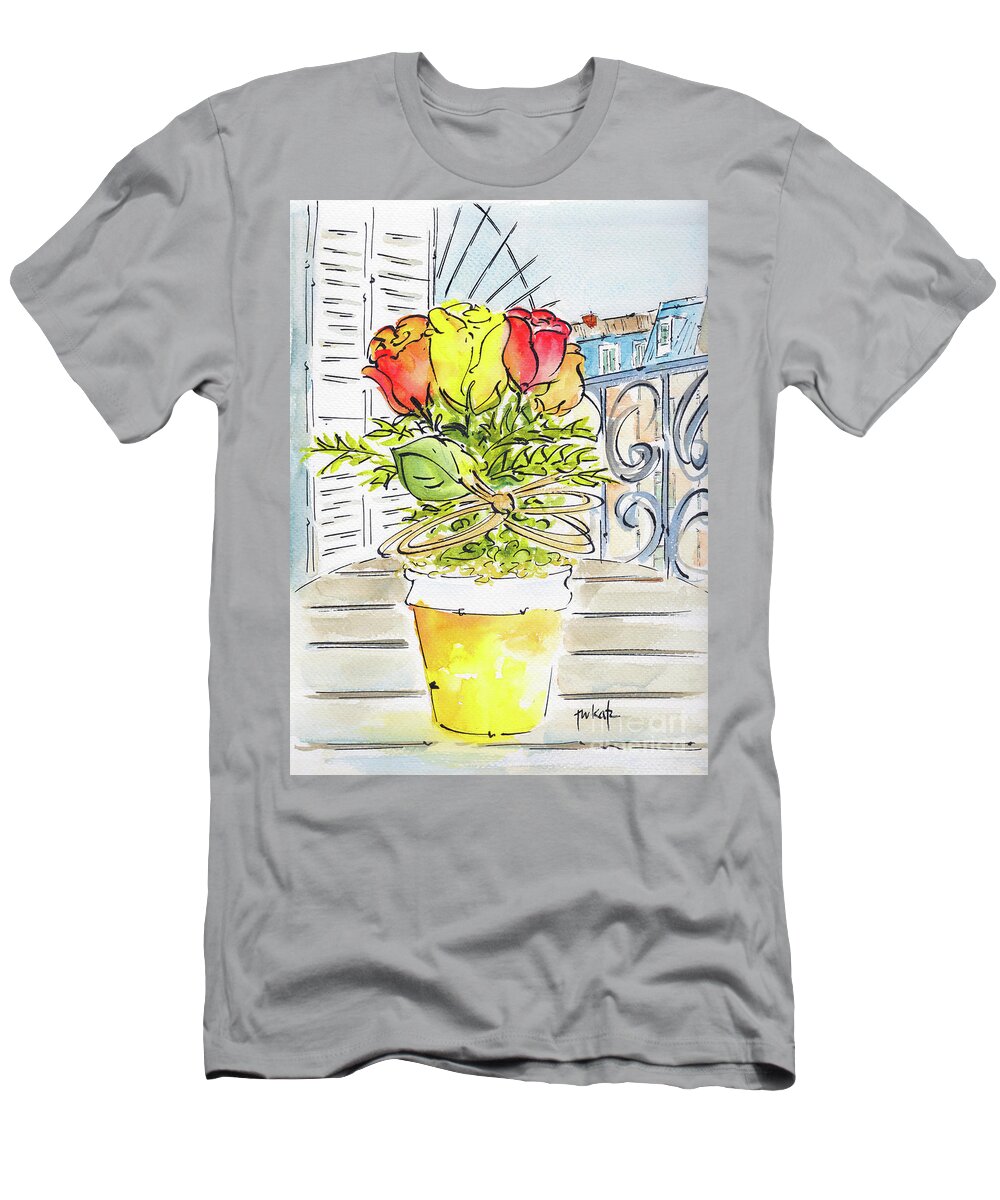 Impressionism T-Shirt featuring the painting Paris Pot Of Roses On Rooftop Terrace by Pat Katz