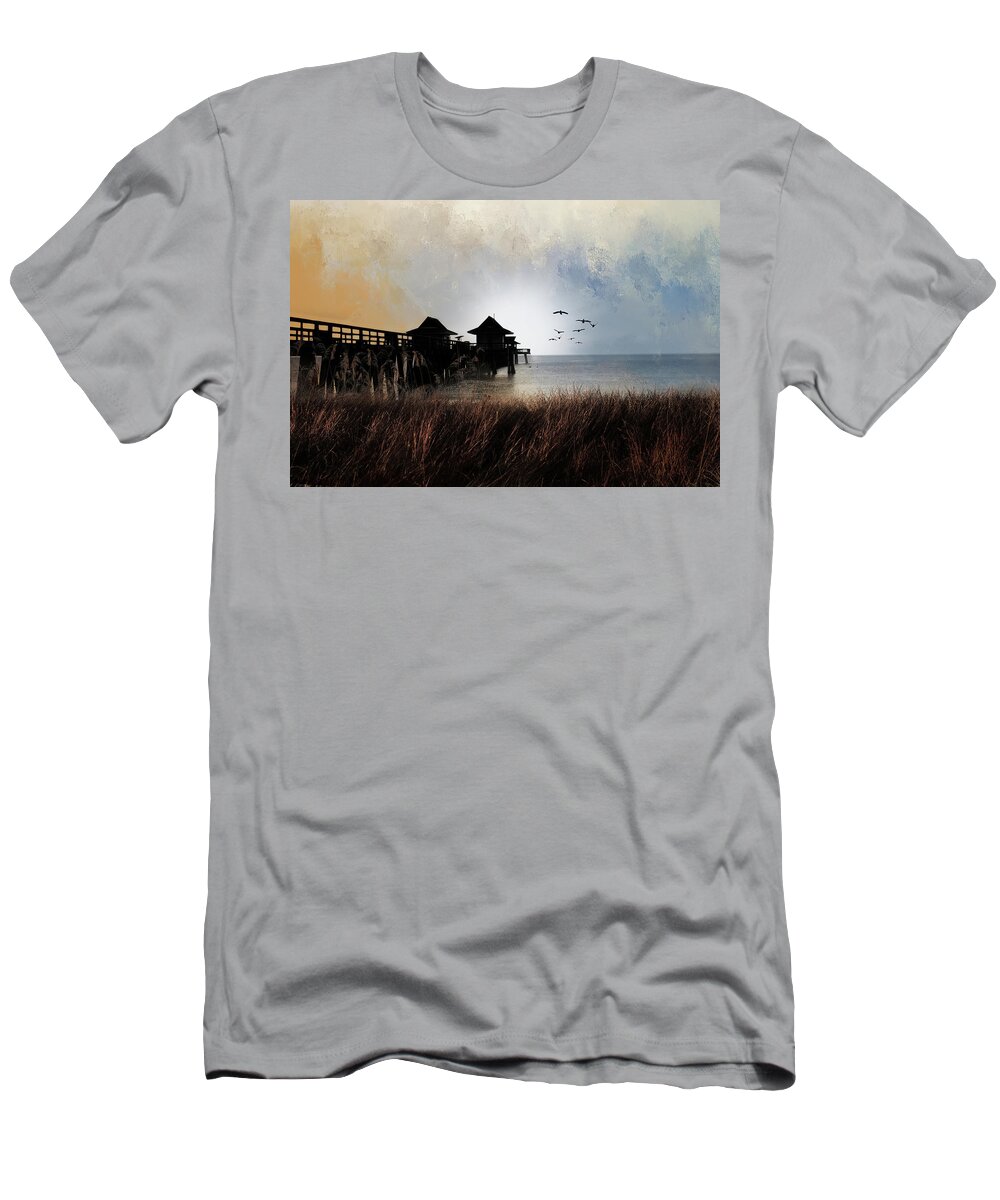 Landscape T-Shirt featuring the mixed media Peacefull Pier by Ed Taylor