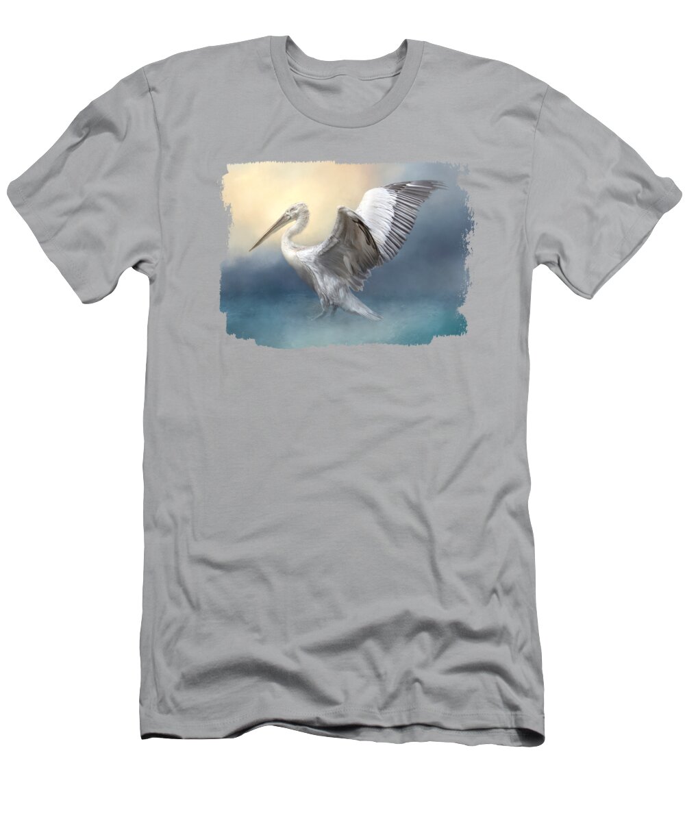 Pink Backed Pelican T-Shirt featuring the mixed media Pelican Flapping Her Wings 01 by Elisabeth Lucas