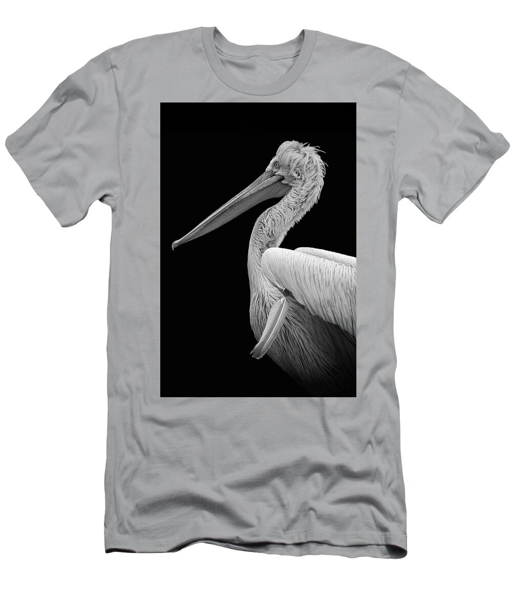Pelican T-Shirt featuring the digital art Pelican In Black And White by Marjolein Van Middelkoop