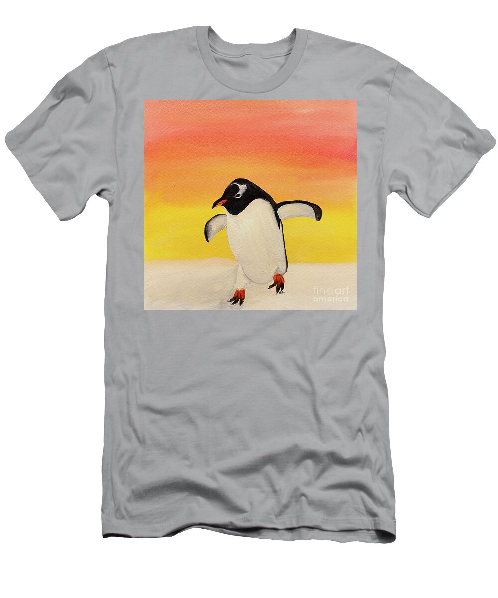 Penguin T-Shirt featuring the painting Penguin at Sunset by Lisa Neuman