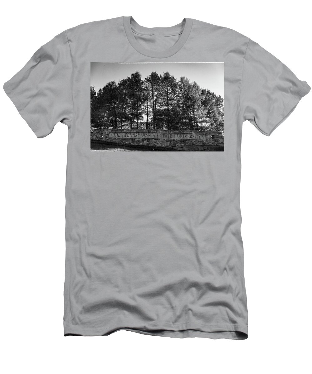 State College Pennsylvania T-Shirt featuring the photograph Pennsylvania State University sign in black and white by Eldon McGraw