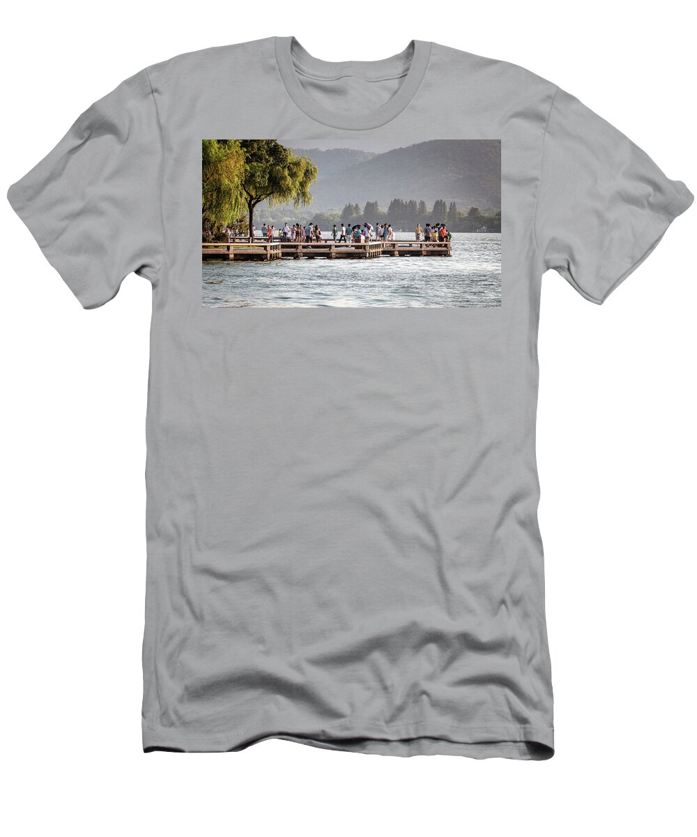 2013 T-Shirt featuring the photograph People strolling at the edge of the West Lake by Benoit Bruchez