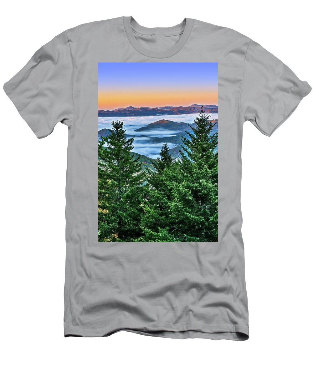 North Carolina T-Shirt featuring the photograph Pines and Low Clouds at Sunrise by Dan Carmichael