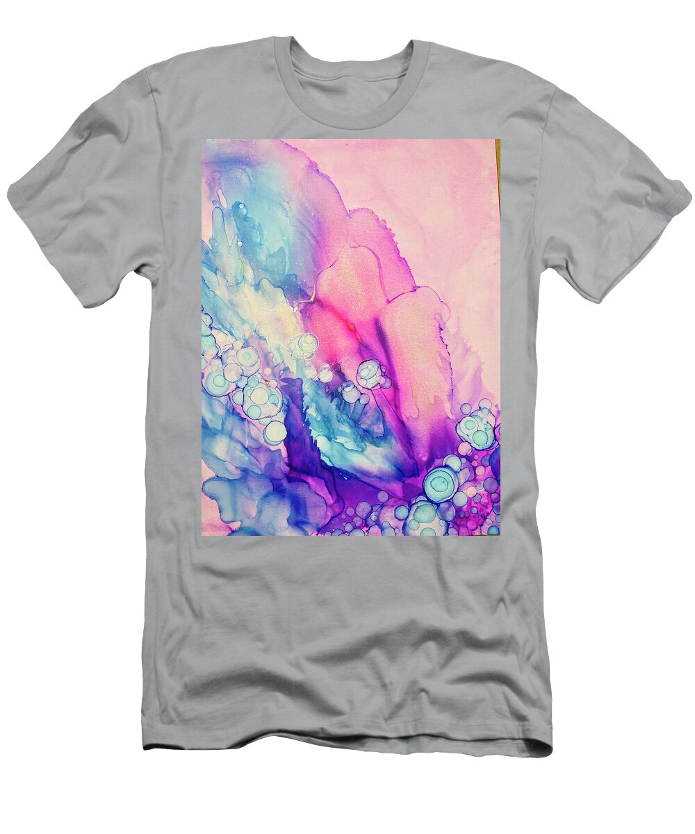 Alcohol Ink.pink And Blue Abstract T-Shirt featuring the painting Pink and Blue Abstract by Femina Photo Art By Maggie