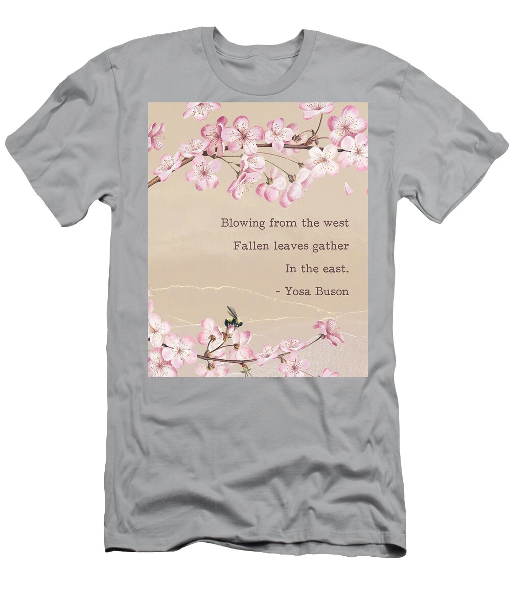 Pink Cherry Blossom Branches T-Shirt featuring the digital art Pink cherry blossom with Yosa Buson Haiku Poem by Georgia Clare