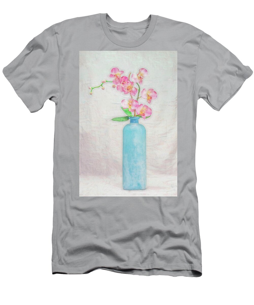 Orchids Still Life T-Shirt featuring the digital art Blue Bottle of Orchids by Kevin Lane