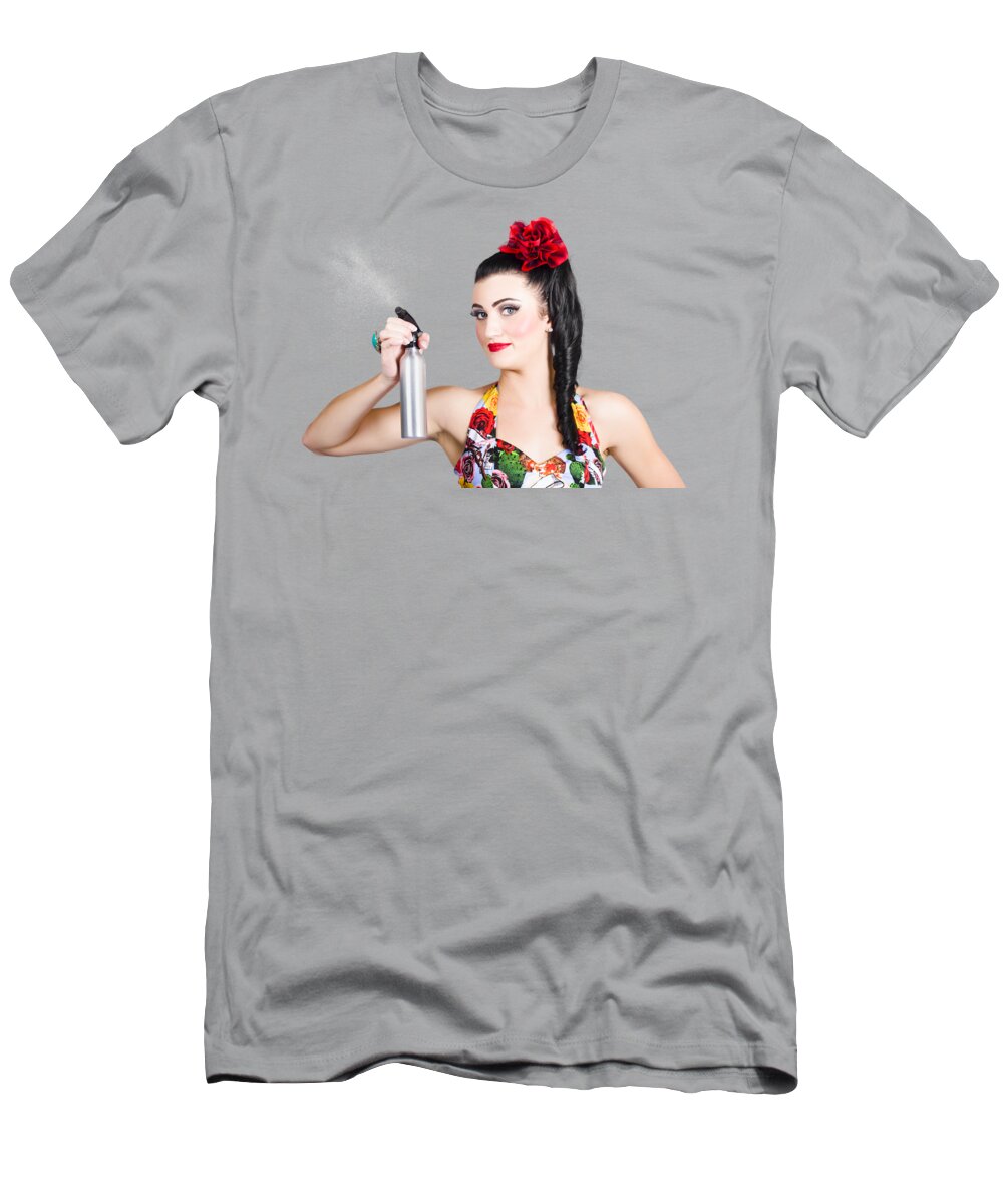 Cleaner T-Shirt featuring the photograph Pinup woman holding a cleaning spray bottle by Jorgo Photography
