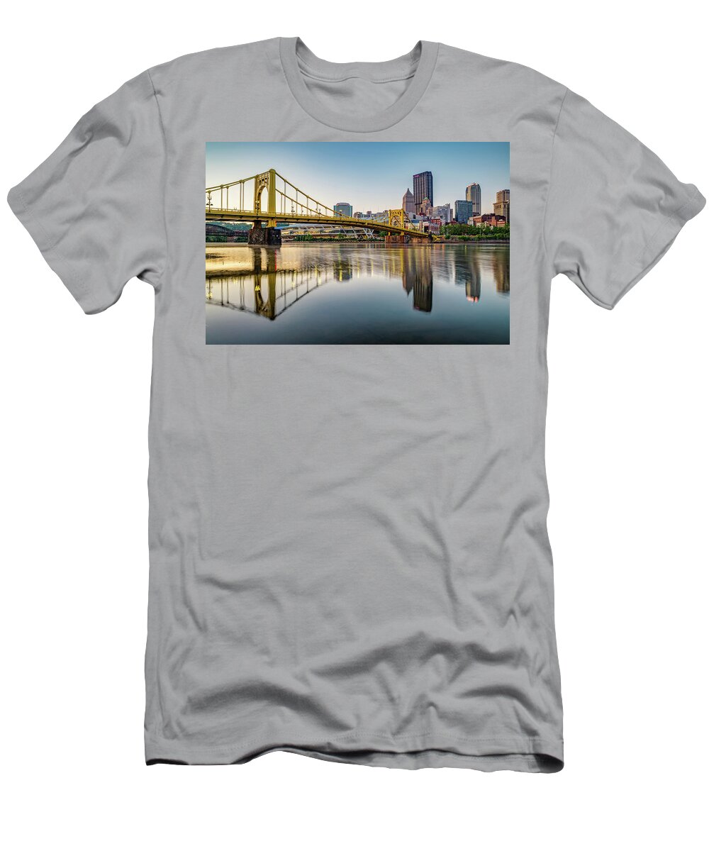 Pittsburgh Skyline T-Shirt featuring the photograph Pittsburgh Skyline Reflections And Carson Bridge At Sunrise by Gregory Ballos