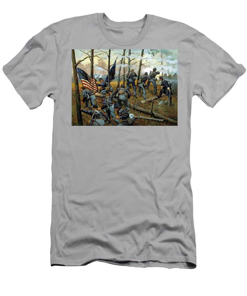 9th Illinois T-Shirt featuring the painting Plenty of Fighting Today - The 9th Illinois at Shiloh by National Guard Keith Rocco