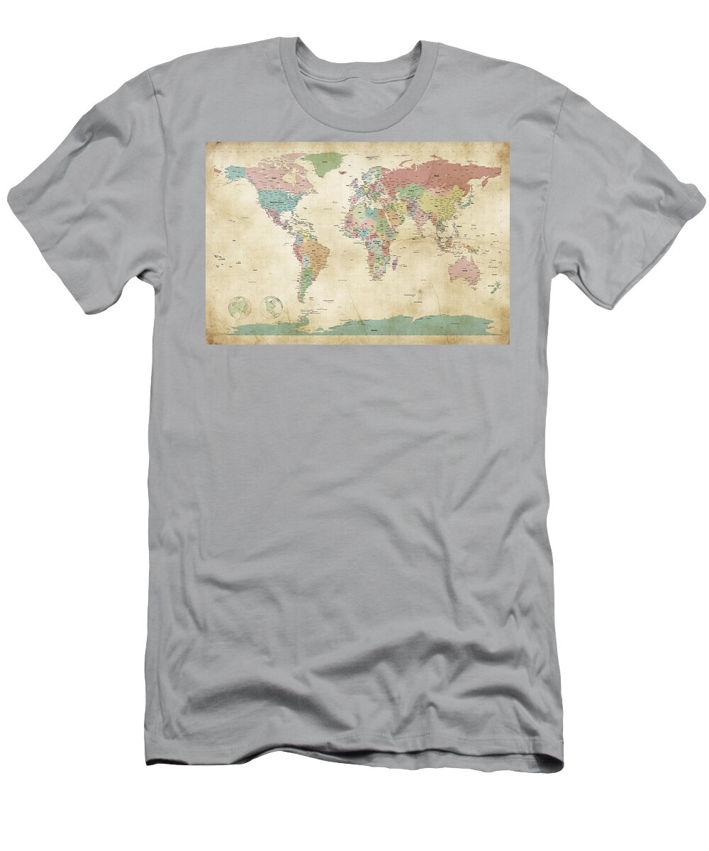 World Map T-Shirt featuring the digital art Political Map of the World Map Old Style by Michael Tompsett