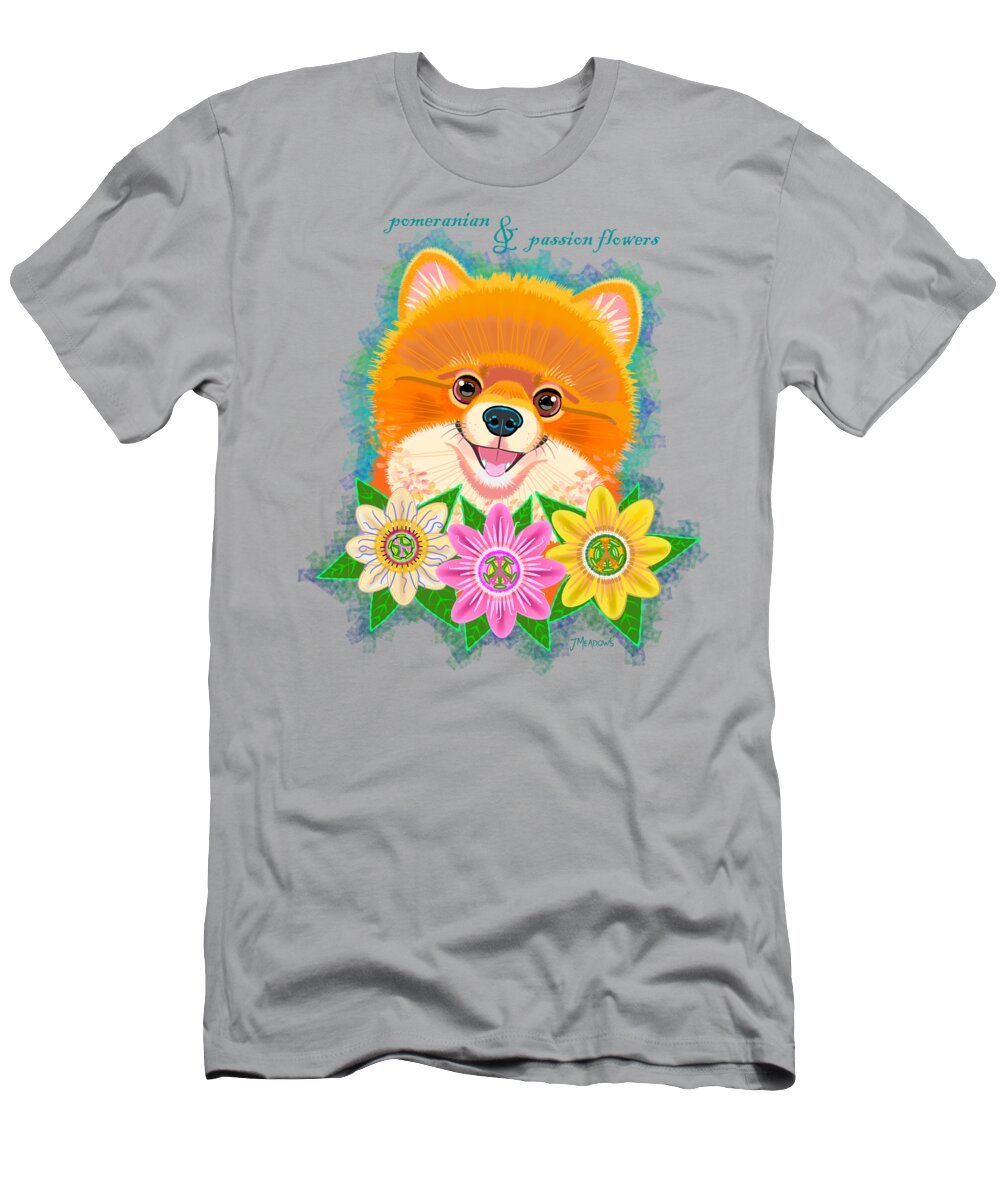 Pomeranian T-Shirt featuring the mixed media Pomeranian and Passion Flower by J L Meadows