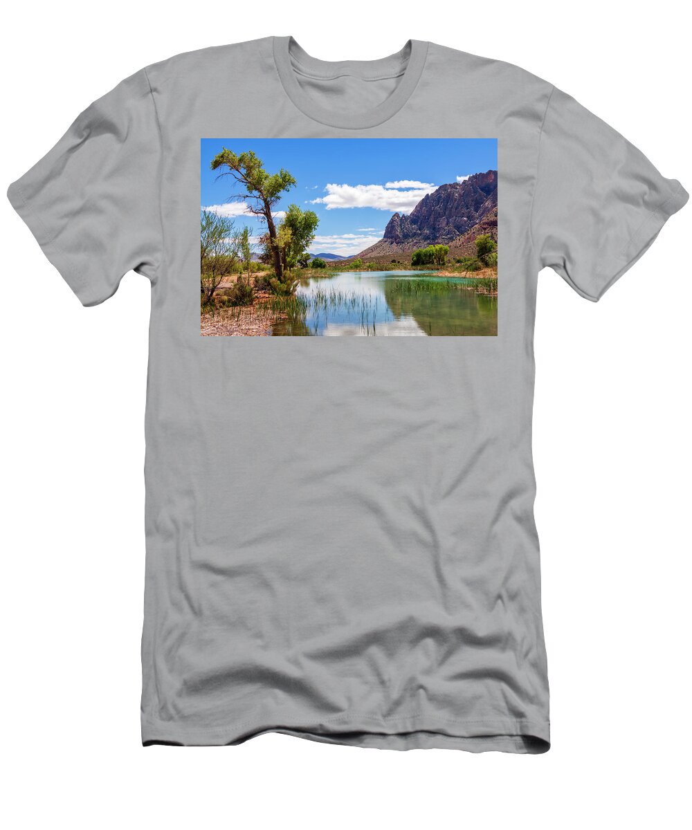 Pond Reflections T-Shirt featuring the photograph Pond reflections in Mohave Desert, Nevada by Tatiana Travelways