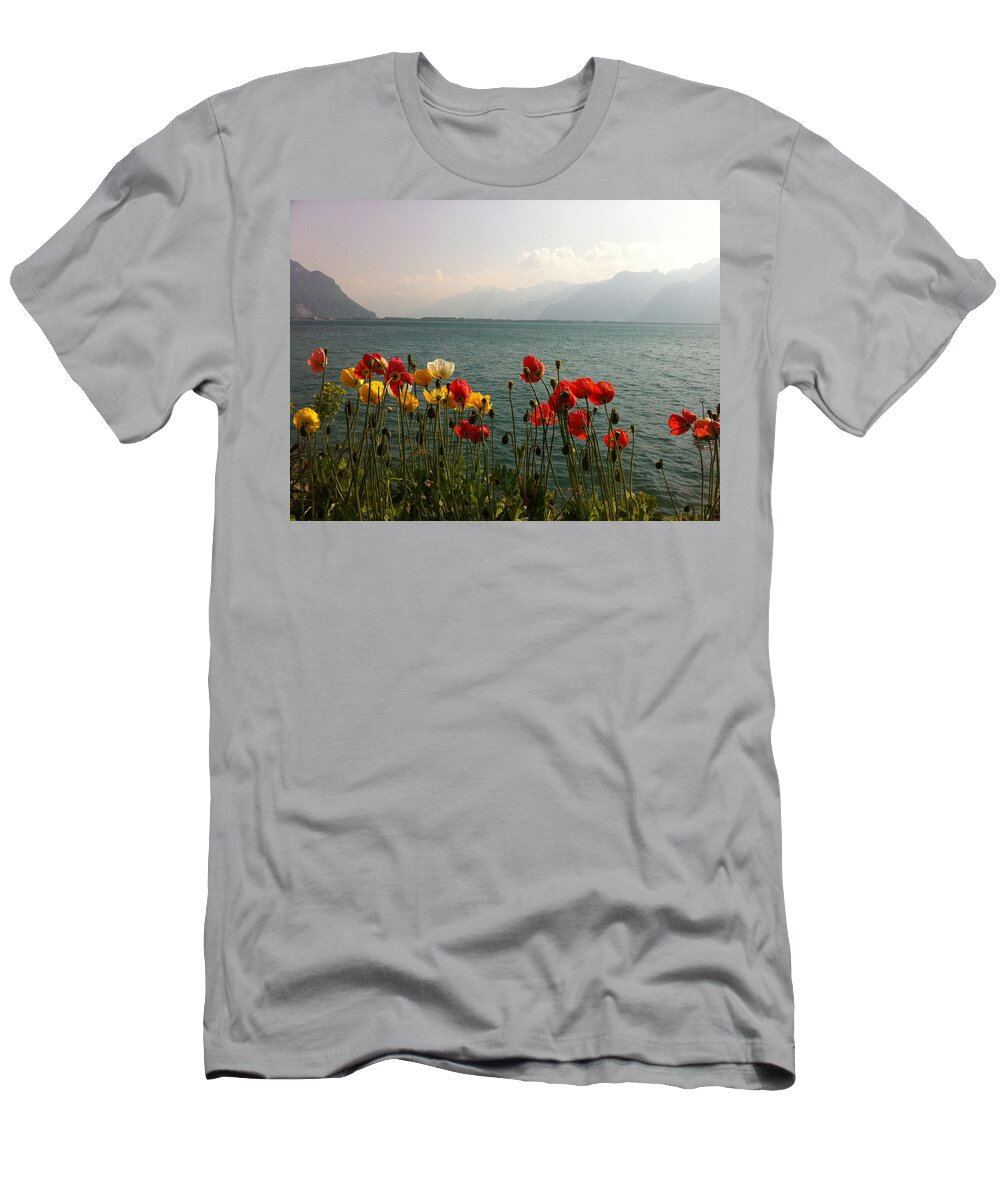 Poppies T-Shirt featuring the photograph poppies on lake leman Switzerland by Joelle Philibert