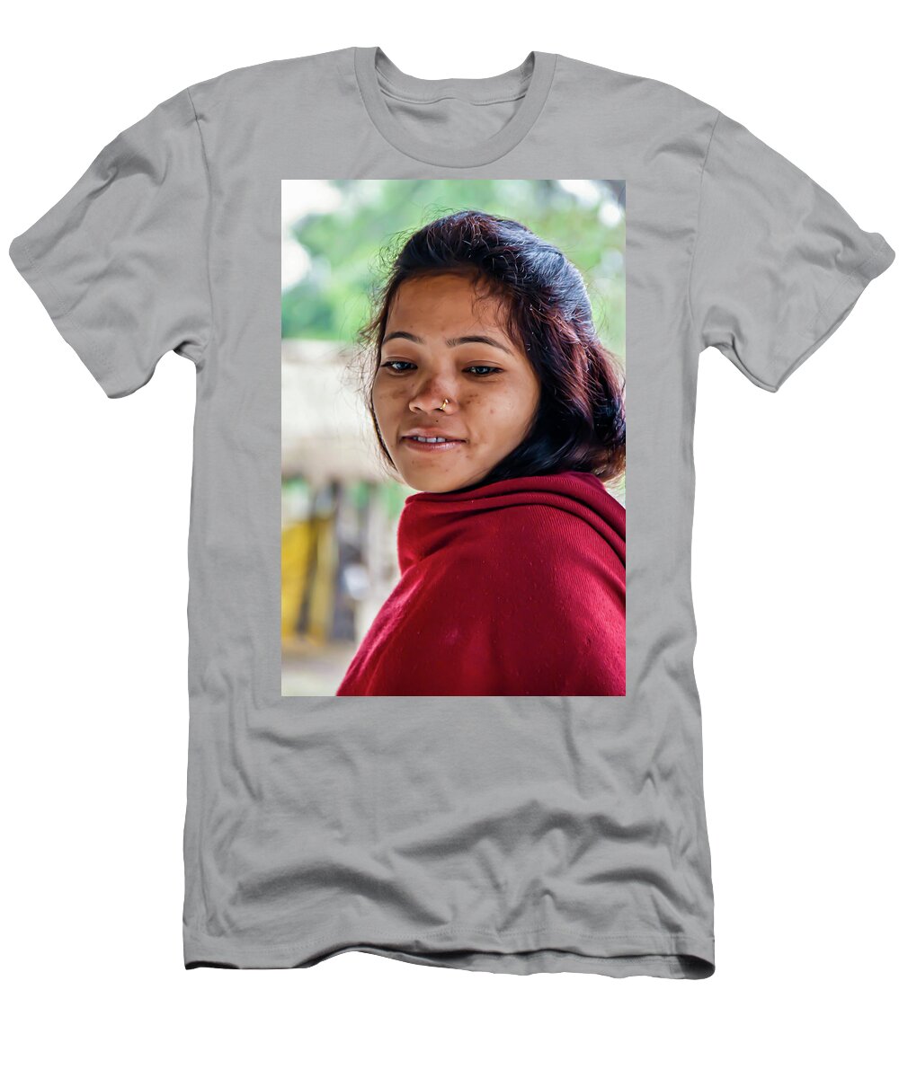 Nepal T-Shirt featuring the photograph Portrait of a Woman in Red by Leslie Struxness