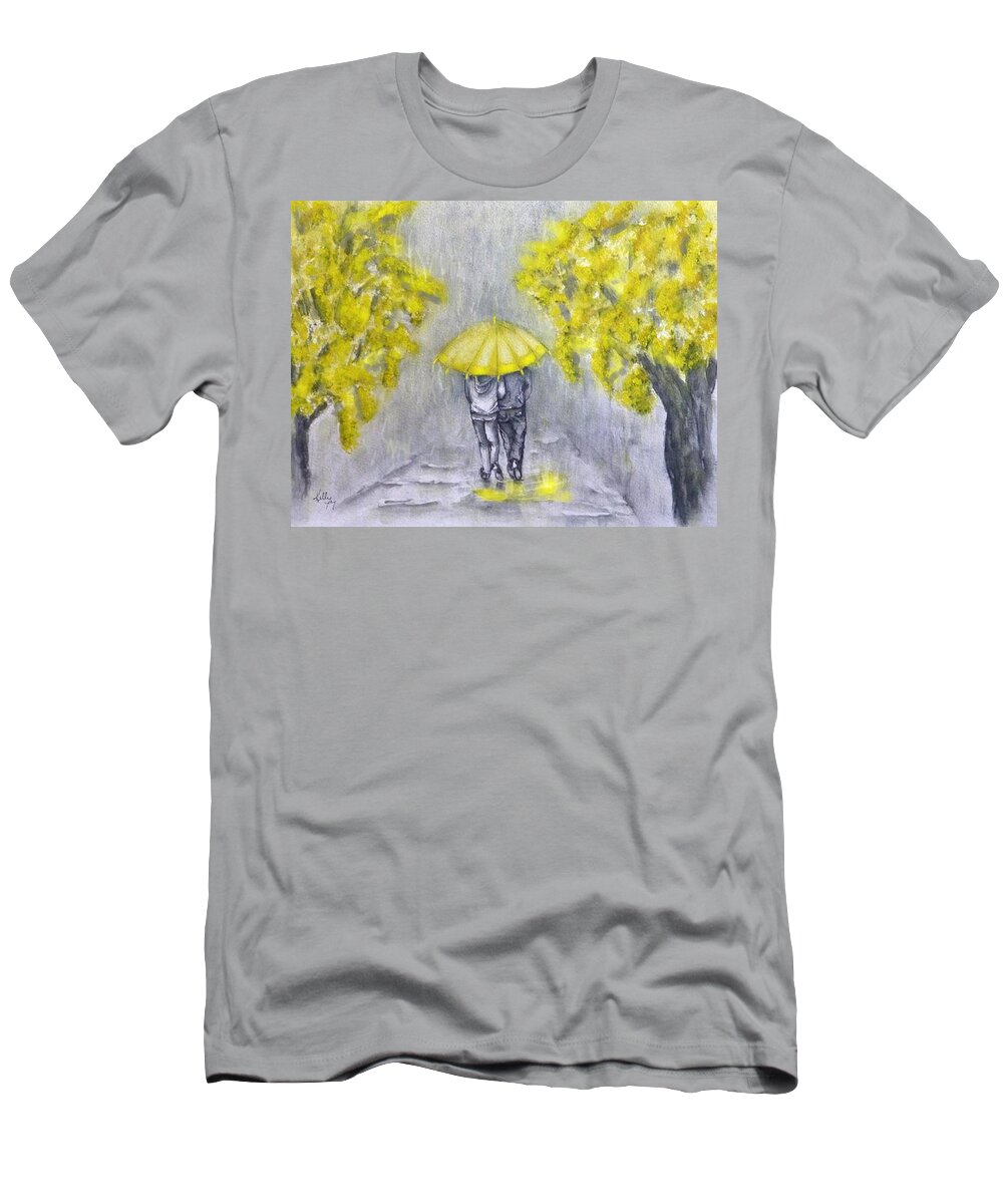 Yellow Umbrella T-Shirt featuring the painting Pouring Rain in Yellow by Kelly Mills