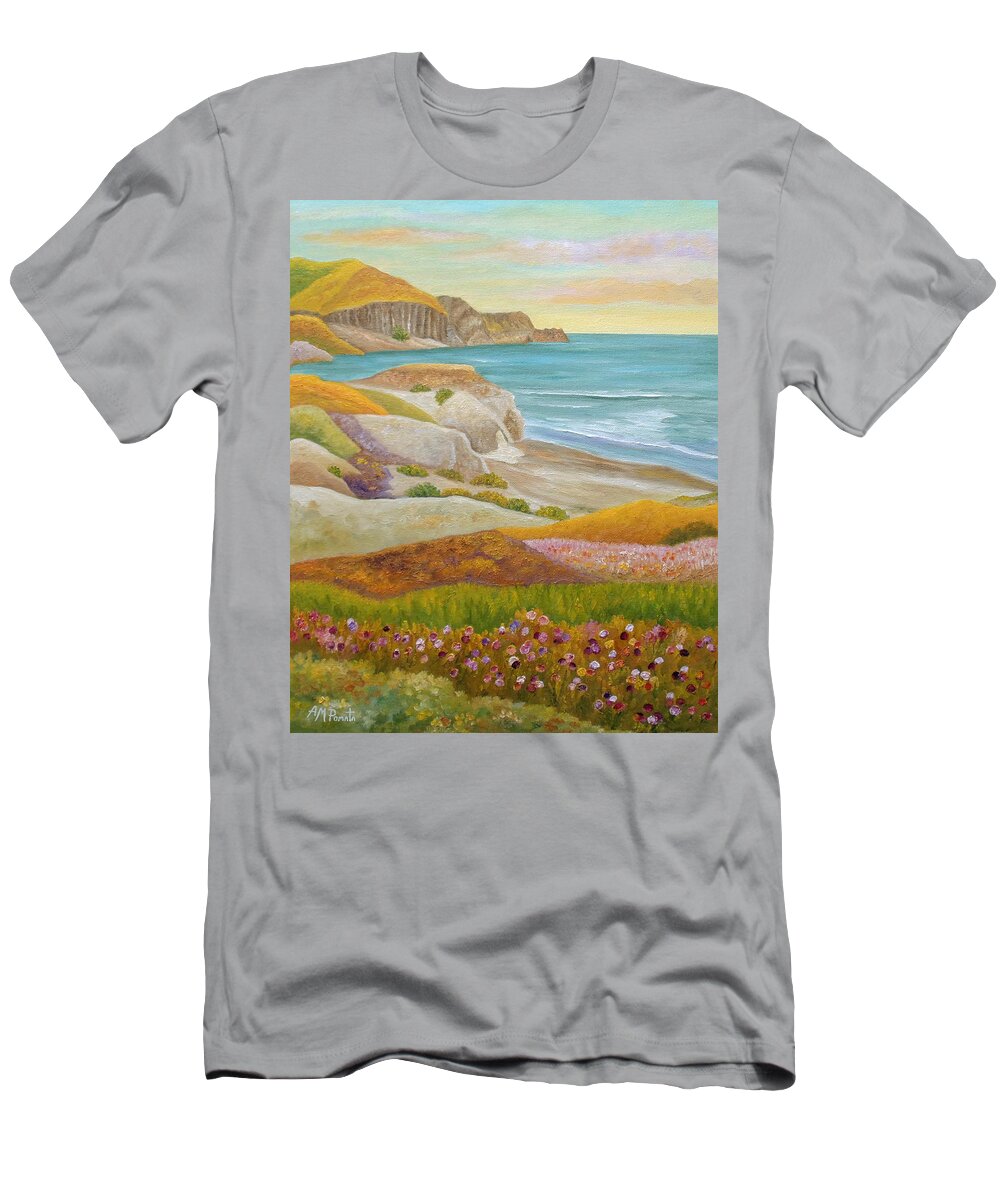 Wild Flowers T-Shirt featuring the painting Prairie By The Sea by Angeles M Pomata