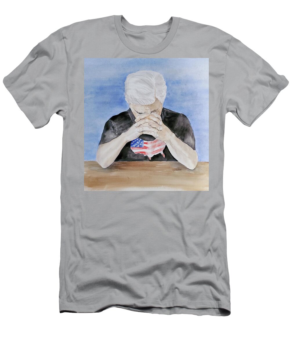 Praying T-Shirt featuring the painting Praying for America by Claudette Carlton