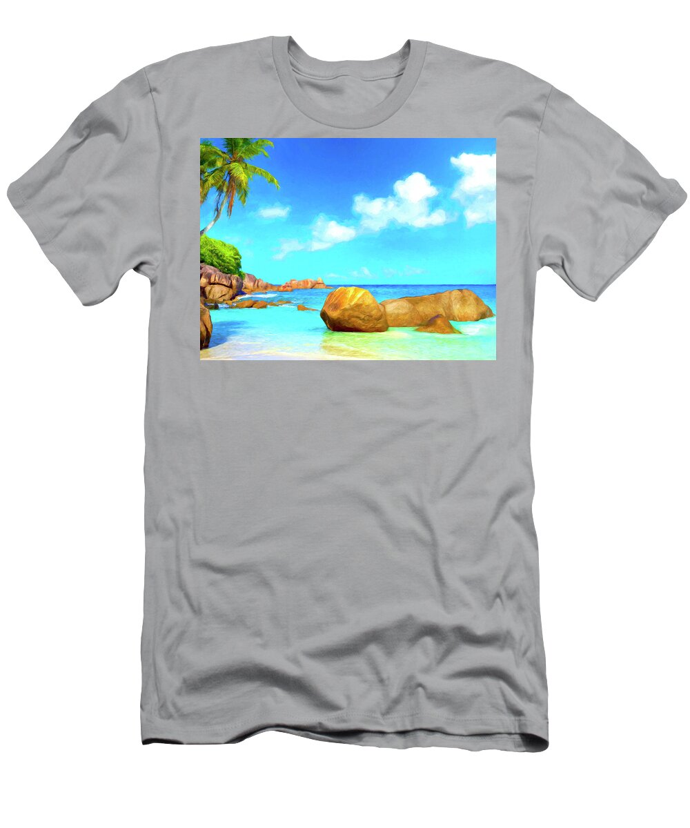 Pristine Seychelles Beach T-Shirt featuring the painting Pristine Seychelles Beach by Dominic Piperata