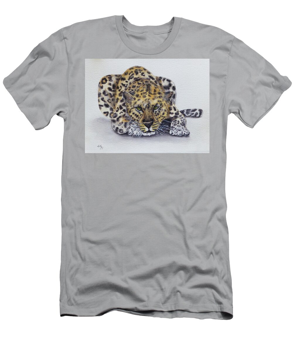 Leopard T-Shirt featuring the painting Prowling Leopard by Kelly Mills