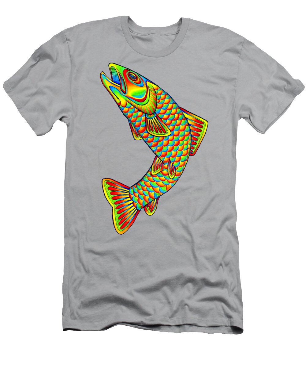 Psychedelic T-Shirt featuring the drawing Psychedelic Rainbow Trout Fish by Rebecca Wang