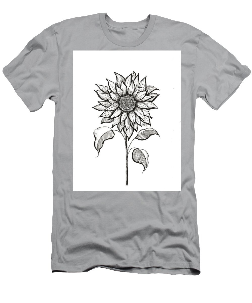 #bloom #flower #sun #sunflower #blackandwhite #drawing #ink #b&w #kpope T-Shirt featuring the drawing Radiant Bloom Sunflower in Ink by Kenneth Pope